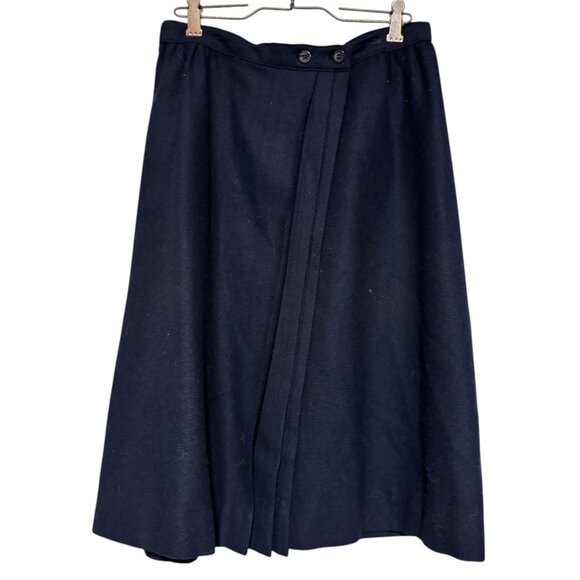 Clyde Vintage 80s women's Wool wrap A-Line Pleated Midi Navy Blue skirt sz 7/8 - Picture 1 of 6